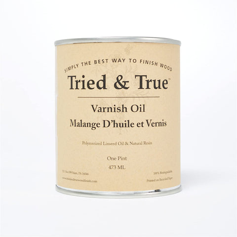 Tried and True varnish oil bottle front for a durable interior wood finish