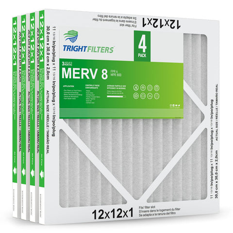 TRIGHTFILTERS 12x12x1 air filter front view improves HVAC airflow for a four-pack