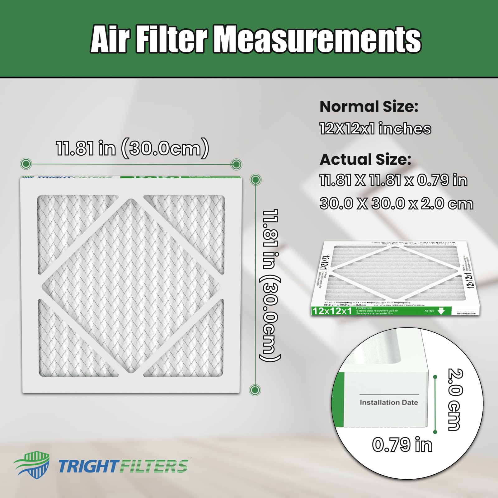 TRIGHTFILTERS 12x12x1 airflow compatibility illustration for furnace and HVAC use.