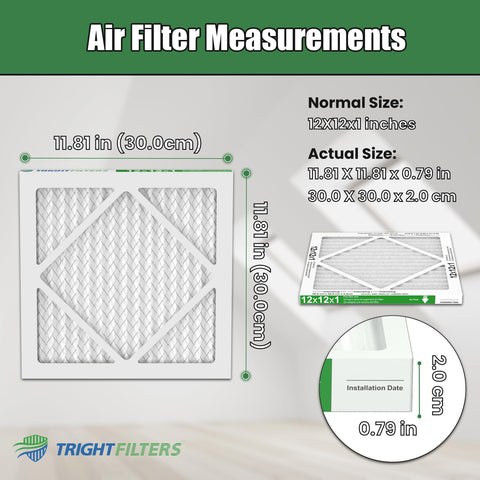 TRIGHTFILTERS 12x12x1 airflow compatibility illustration for furnace and HVAC use.