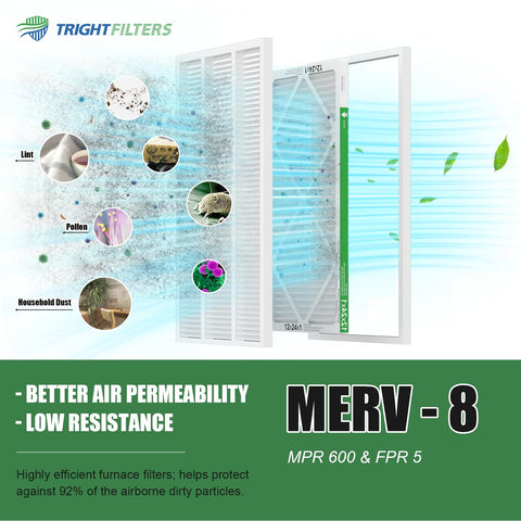 TRIGHTFILTERS 12x24x1 air filter MERV 8 label, efficient air flow.