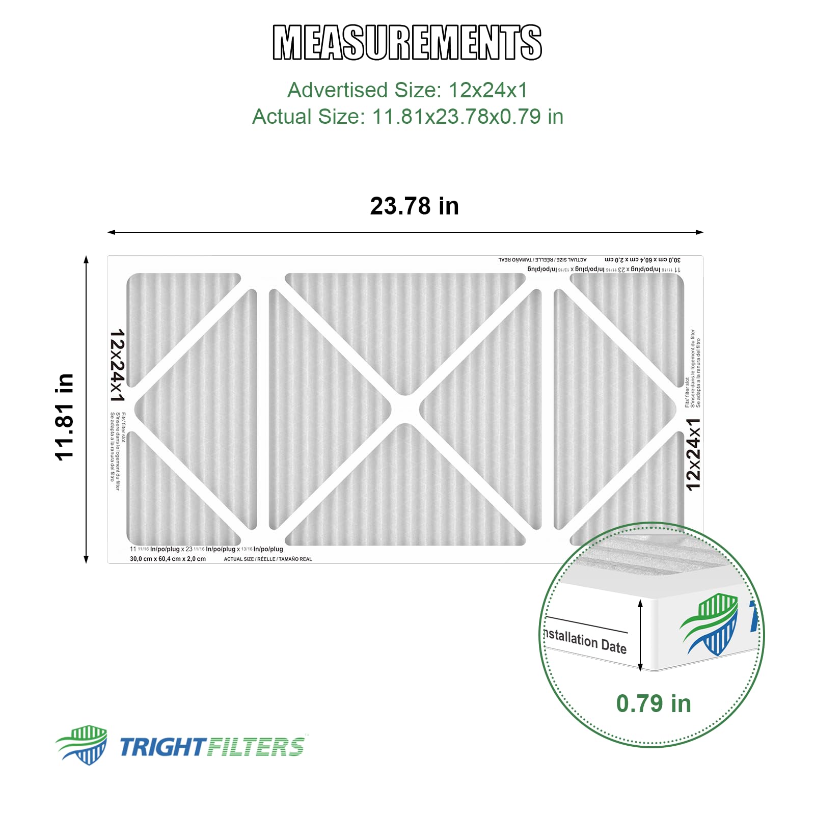 TRIGHTFILTERS 12x24x1 air filter back view, sturdy frame for reliable fit.