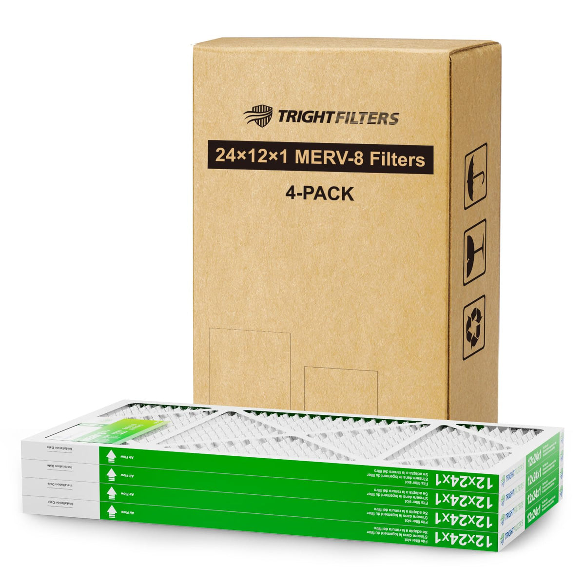 TRIGHTFILTERS 12x24x1 air filter front view, four-pack for improved HVAC filtration.
