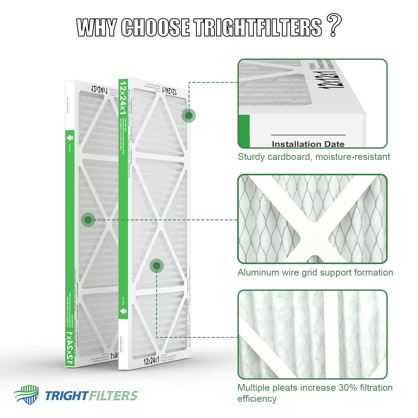 TRIGHTFILTERS 12x24x1 air filter pleats close-up, higher filtration capacity.