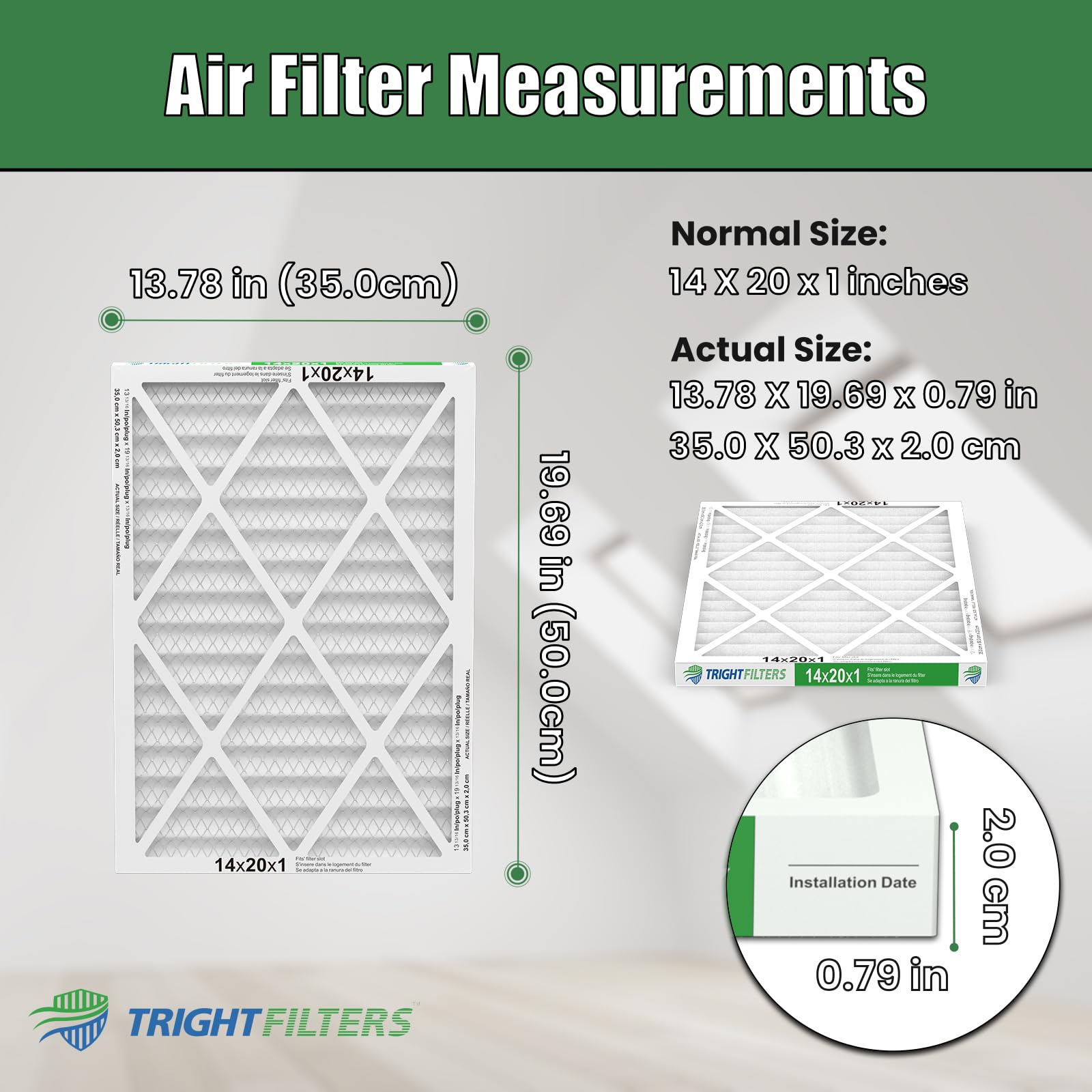 TRIGHTFILTERS 14x20x1 filter box packaging designed for easy storage and handling.