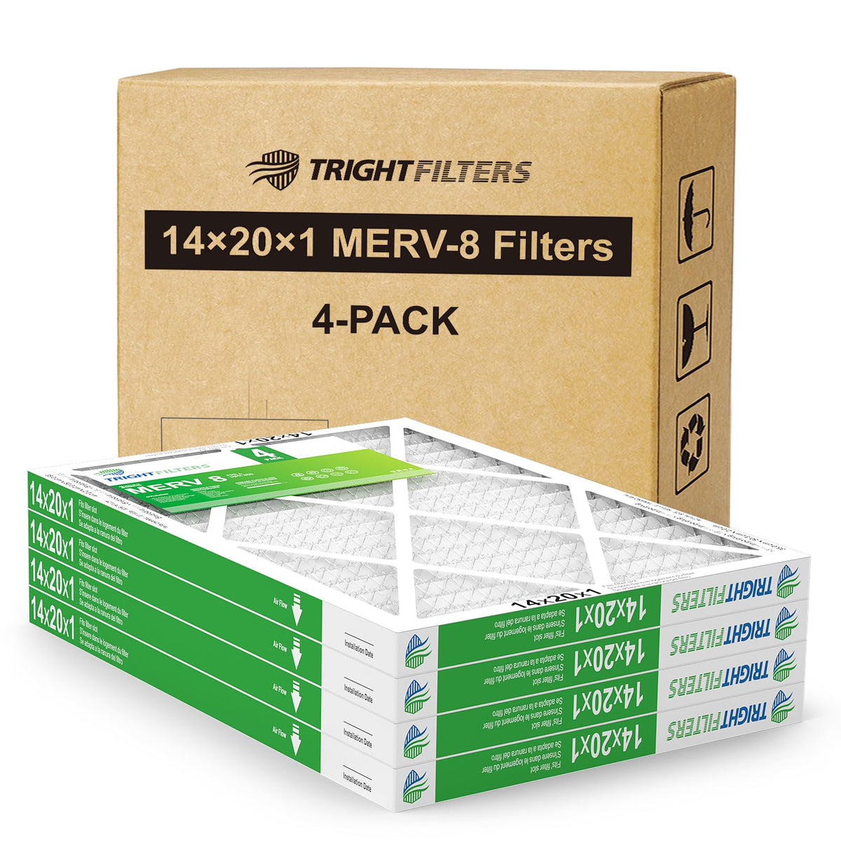 TRIGHTFILTERS 14x20x1 front view filter pack enhances airflow and fit consistency.