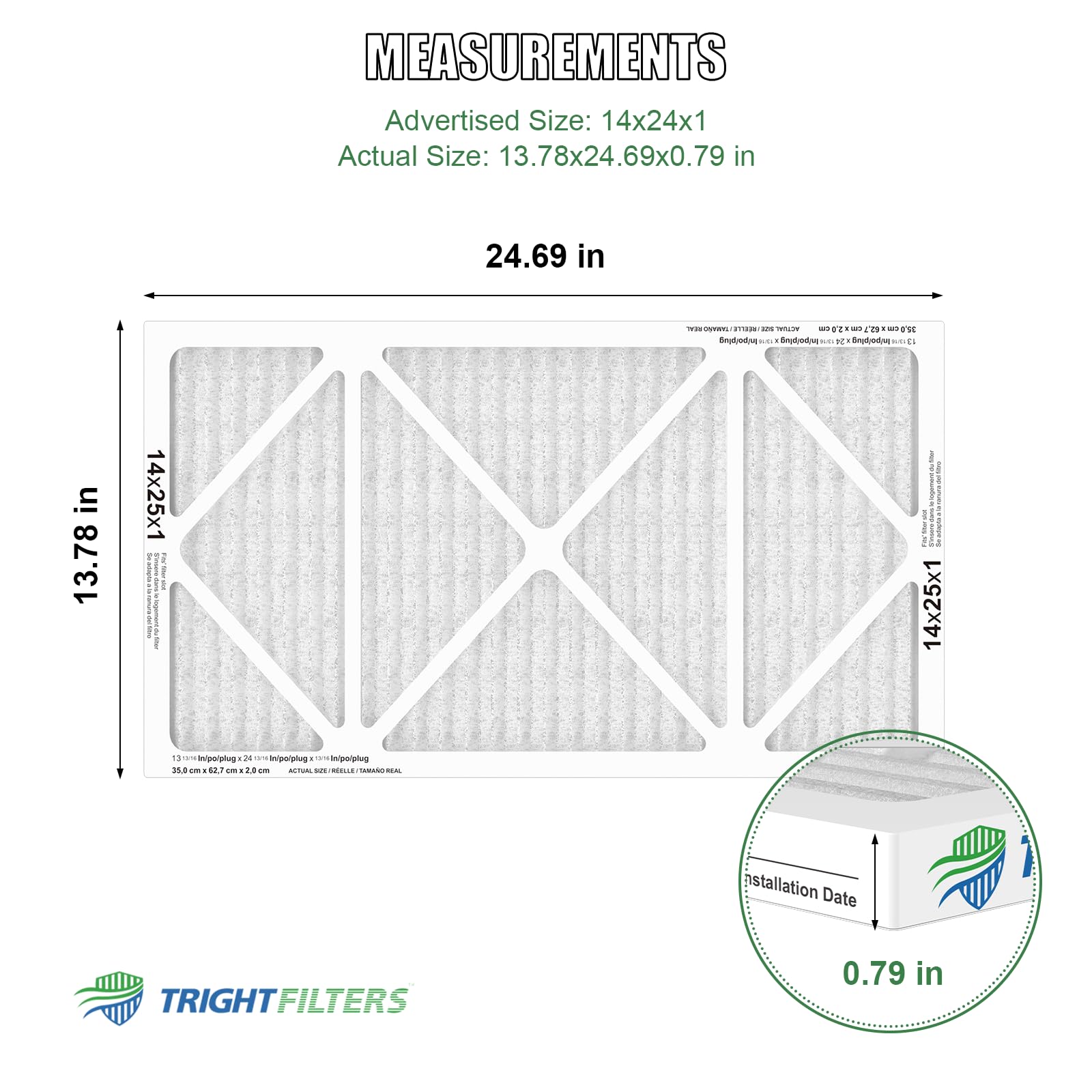 TRIGHTFILTERS 14x25x1 filter close-up highlights pleated media designed for higher airflow