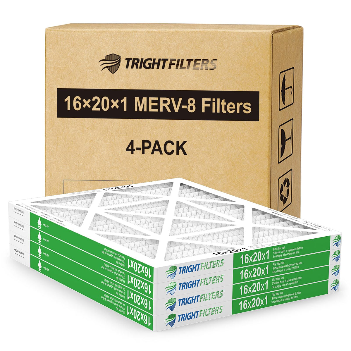 TRIGHTFILTERS 16x20x1 air filter pack, front view, durable frame supports long-term performance.