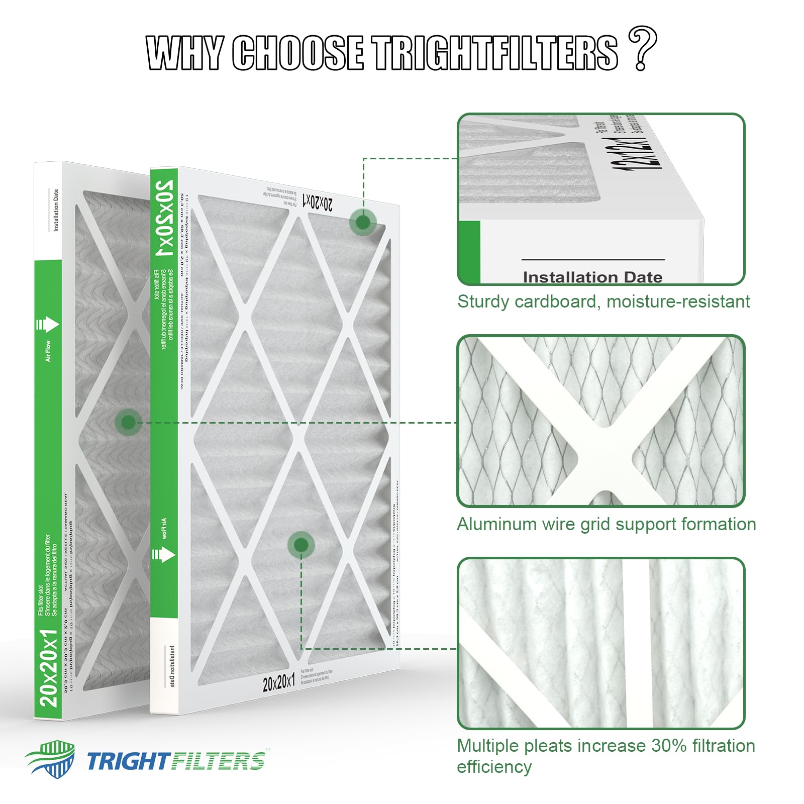 TRIGHTFILTERS 20x20x1 MERV 8 label indicates performance level