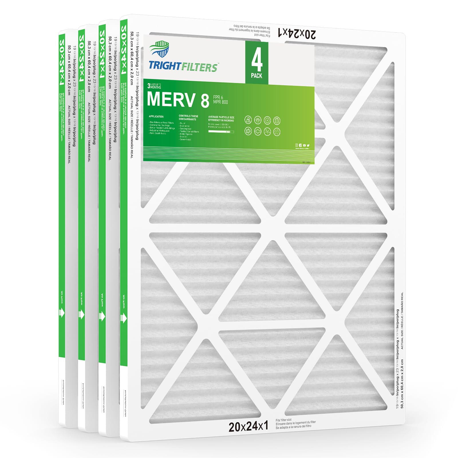 TRIGHTFILTERS 20x24x1 air filter pack front view for HVAC replacement and easy handling