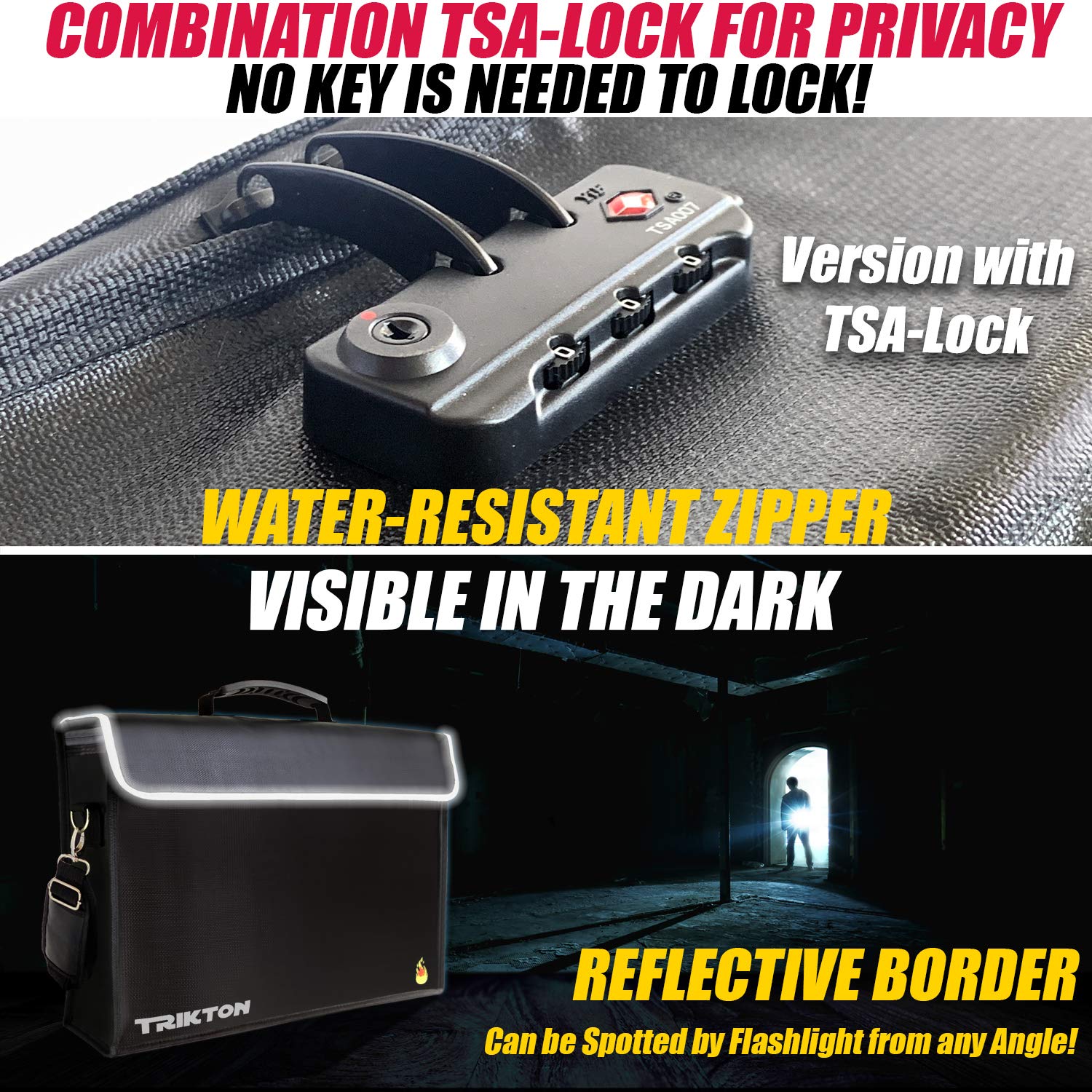 TRIKTON fireproof bag XXL TSA-lock in use for secure travel documents.