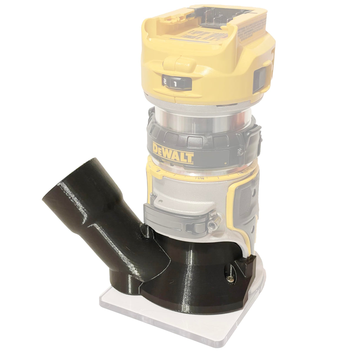 Trim Router Hose Adapter attached to DCW600 with 27mm hose for cleaner dust control.