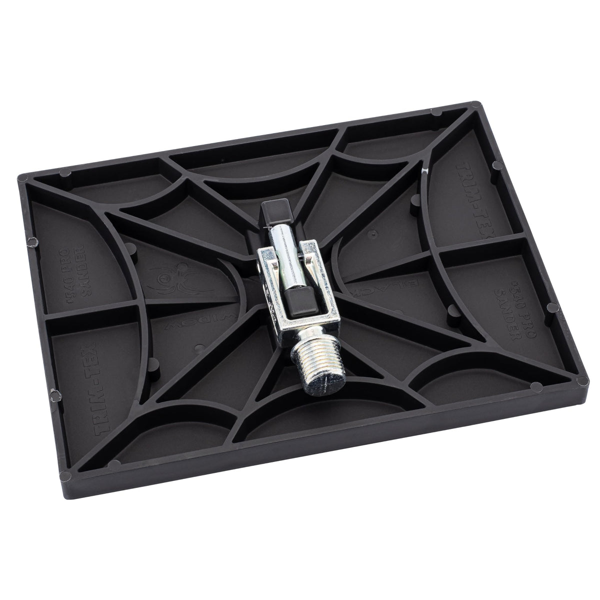 Trim-Tex Black Widow Pro sander head showing quick-change ability for faster pad swaps.