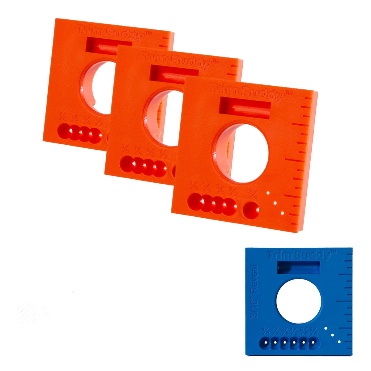 Trim Buddy four-pack reveal gauge for consistent 1/4 inch door and window reveals.