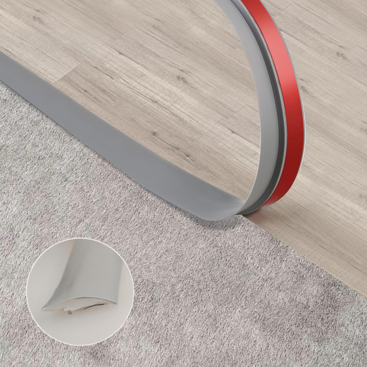 Trimold carpet-to-tile threshold in grey enables seamless transitions in high-traffic areas