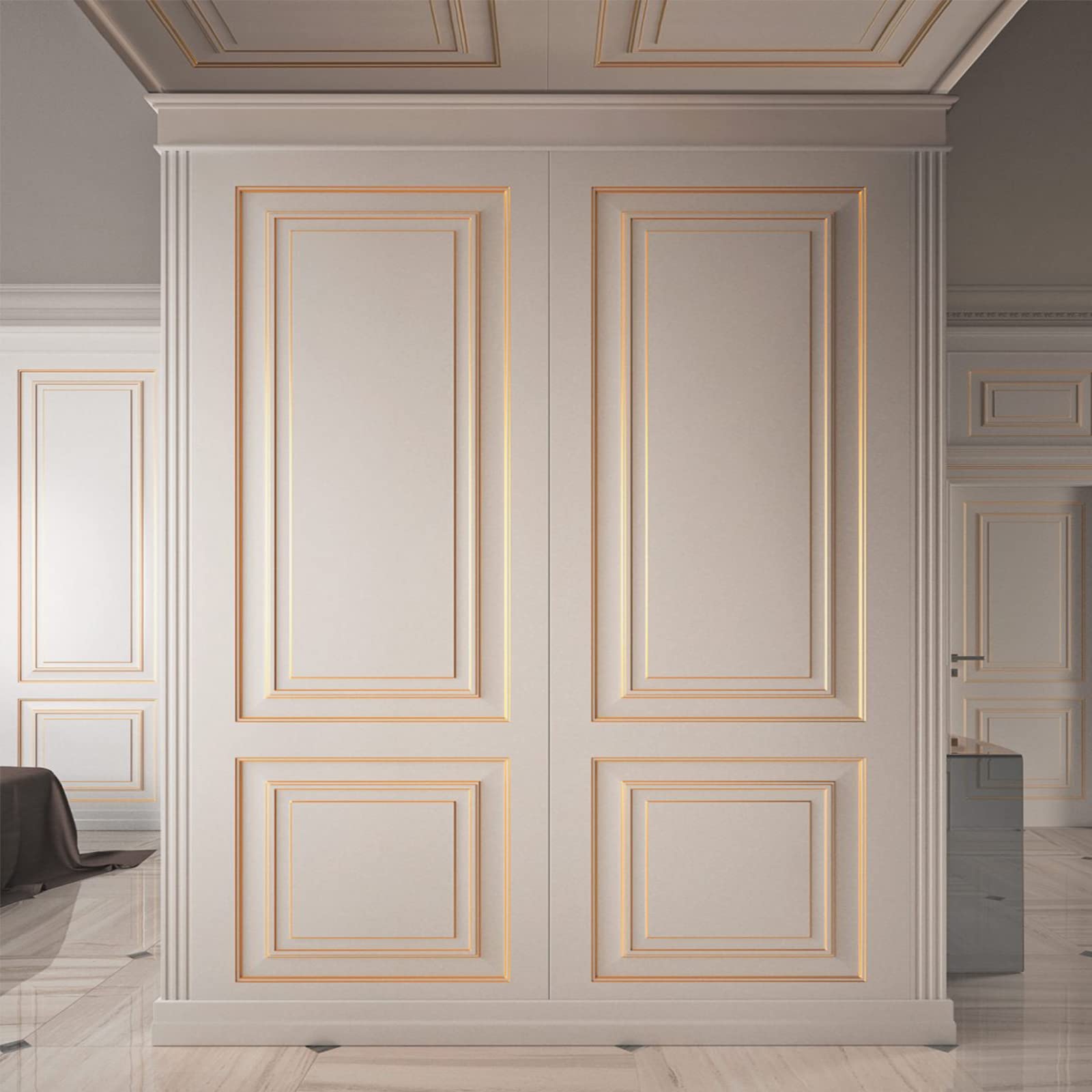 Trimold matte gold molding trim enhances cabinets and tiles with subtle luxury touches.