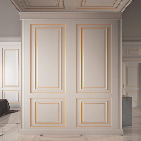 Trimold matte gold molding trim enhances cabinets and tiles with subtle luxury touches.