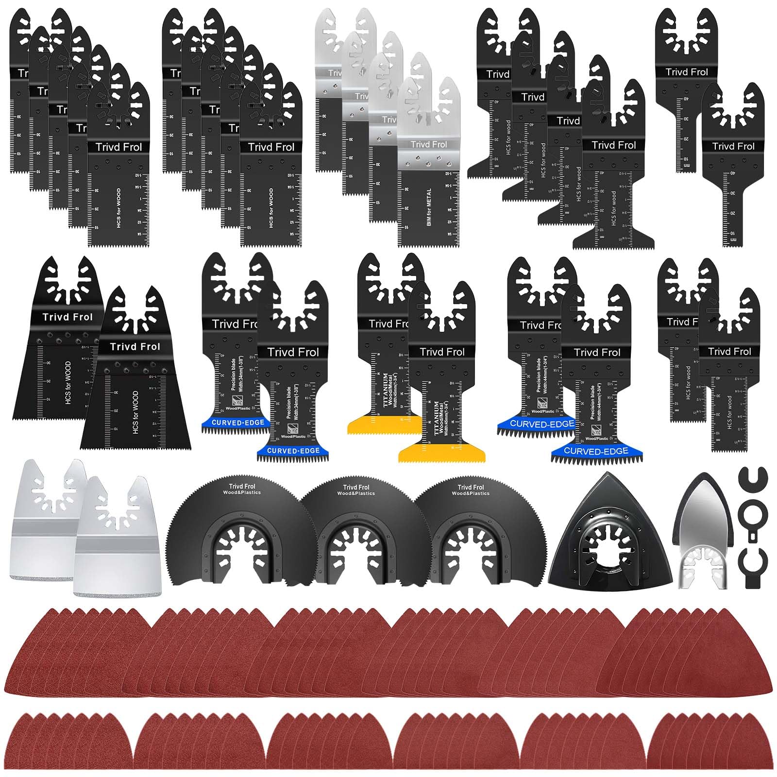Trivd Frol 121-pack oscillating blades kit for versatile cuts in wood, metal, and plastic.