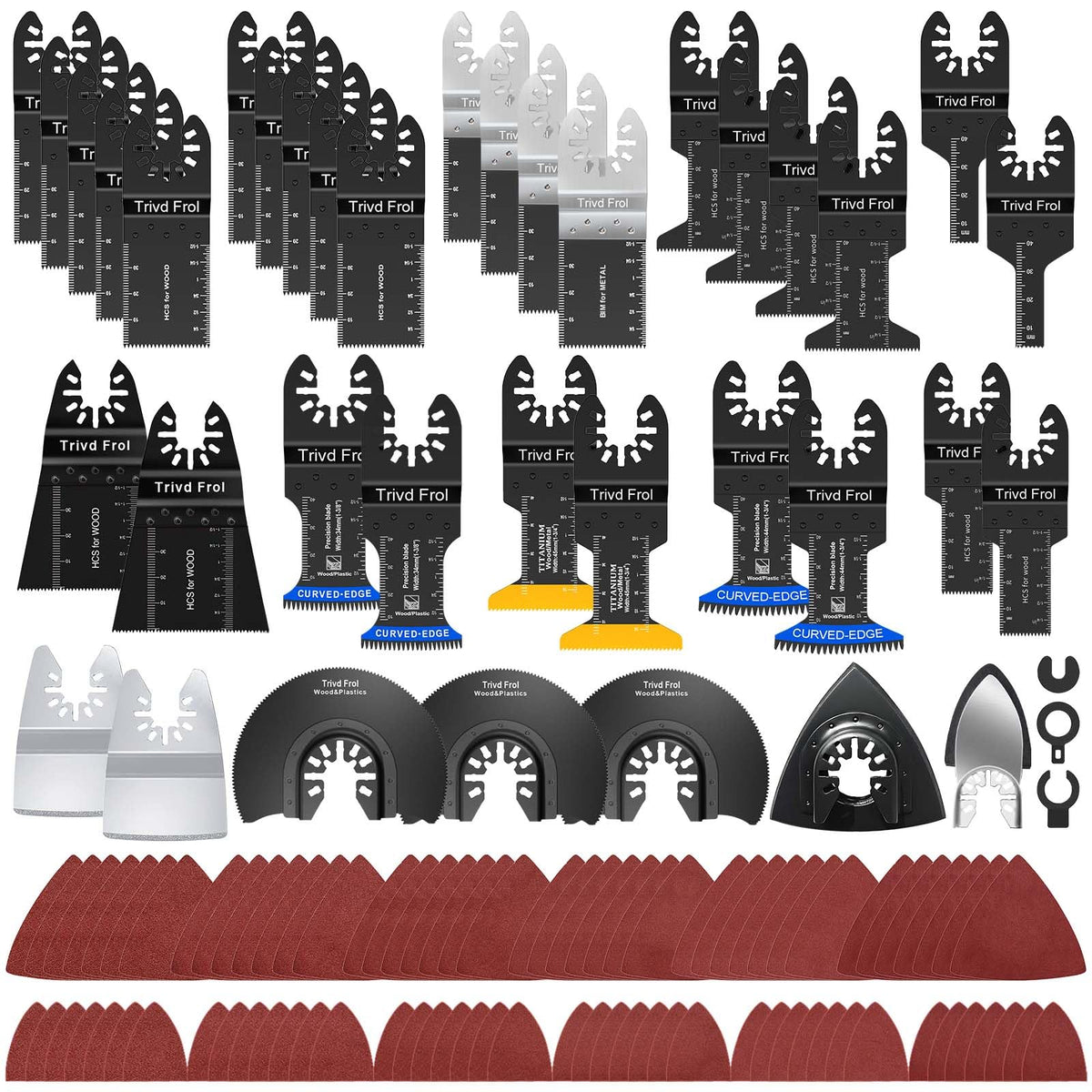 Trivd Frol 121-pack oscillating blades kit for versatile cuts in wood, metal, and plastic.