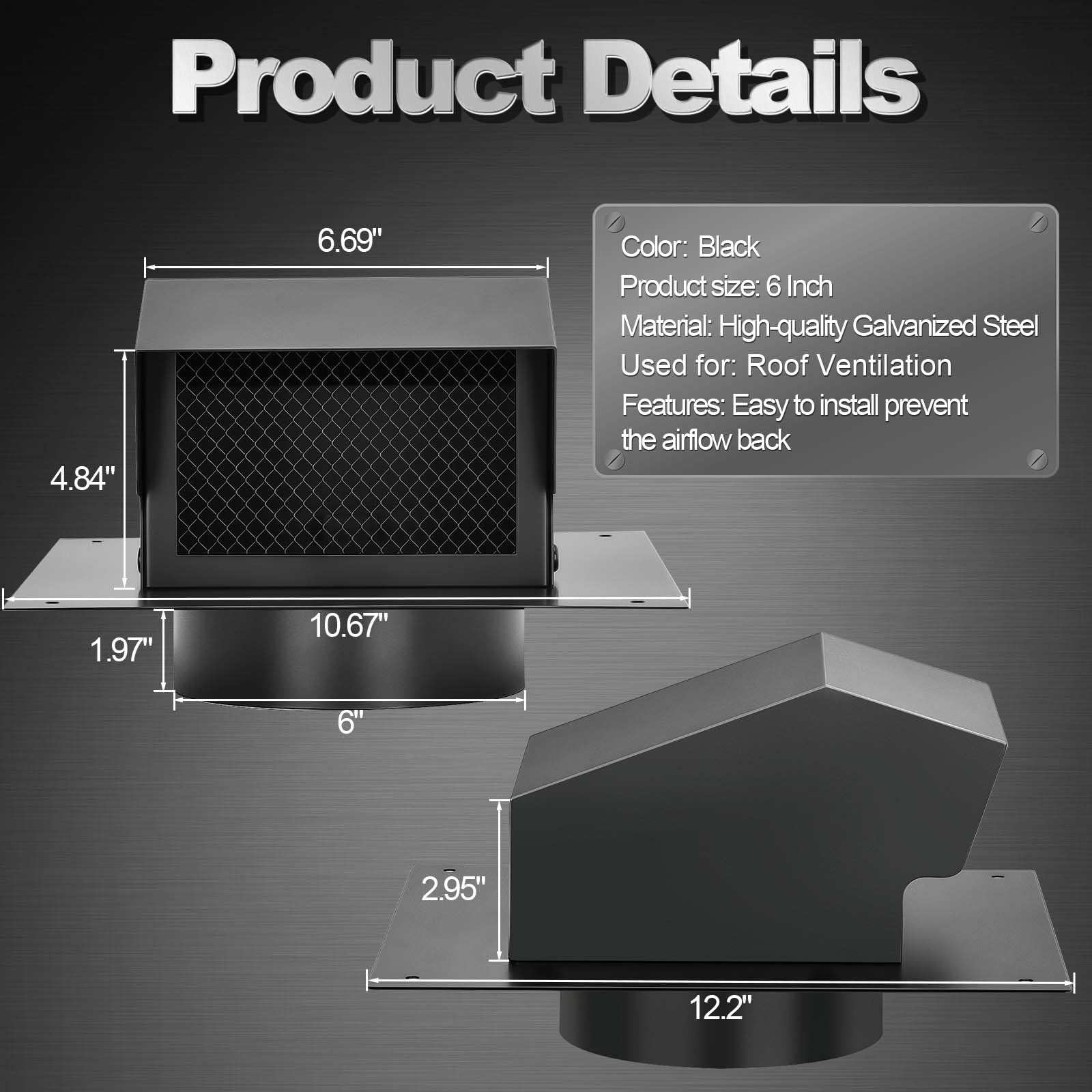 Trivd Frol 6in roof vent cap damper detail illustrating backdraft control mechanism.