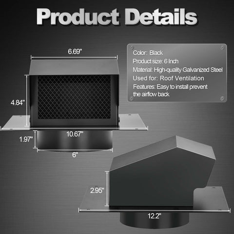 Trivd Frol 6in roof vent cap damper detail illustrating backdraft control mechanism.