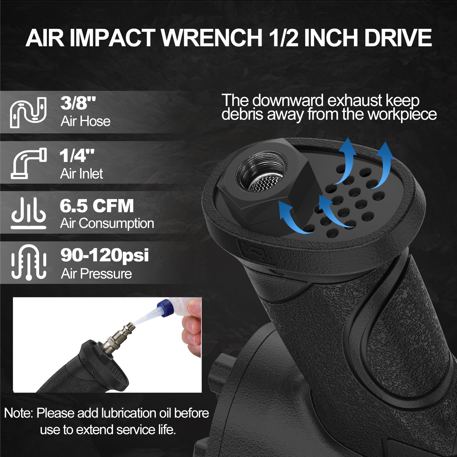 Rear exhaust keeps debris away from work surfaces for cleaner operation