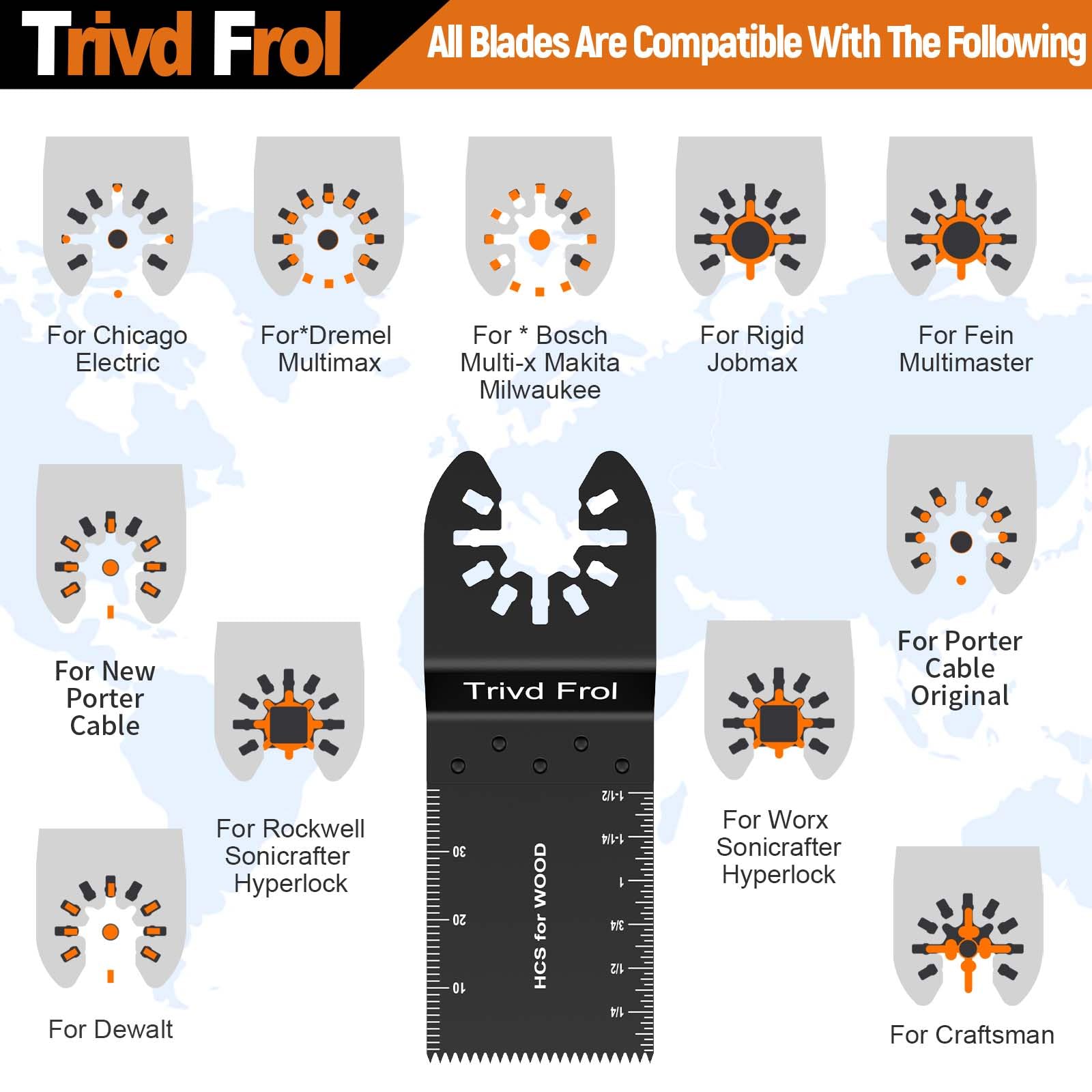 Trivd Frol blades for cutting wood, metal, and plastic materials.