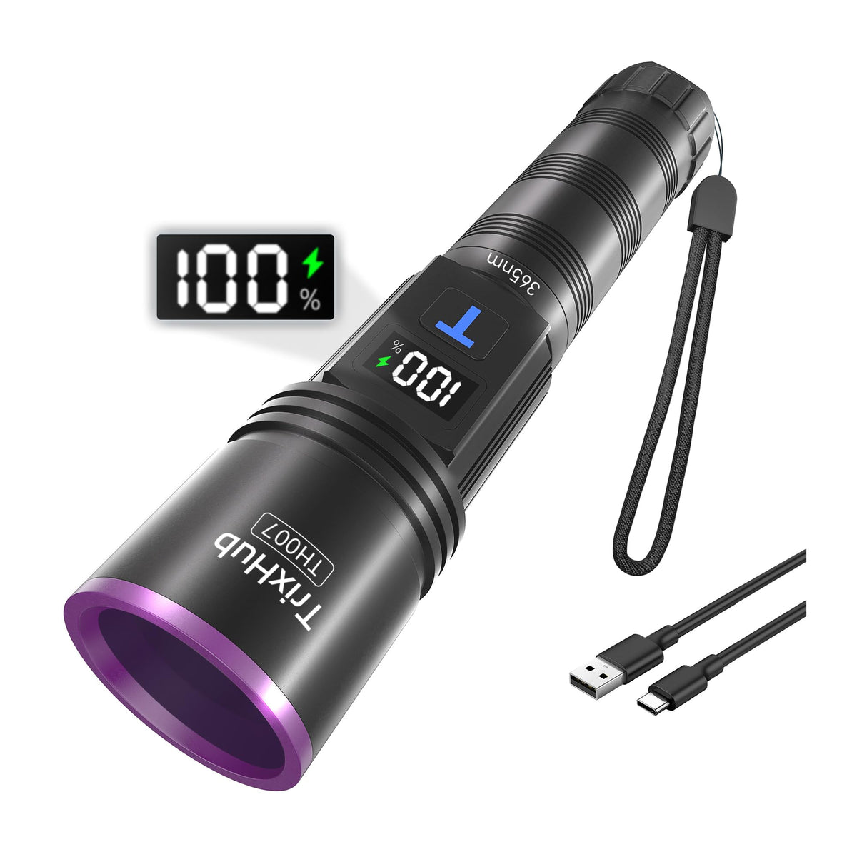 TrixHub 365nm UV flashlight front view for portable stain detection and exploration