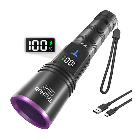 TrixHub 365nm UV flashlight front view for portable stain detection and exploration