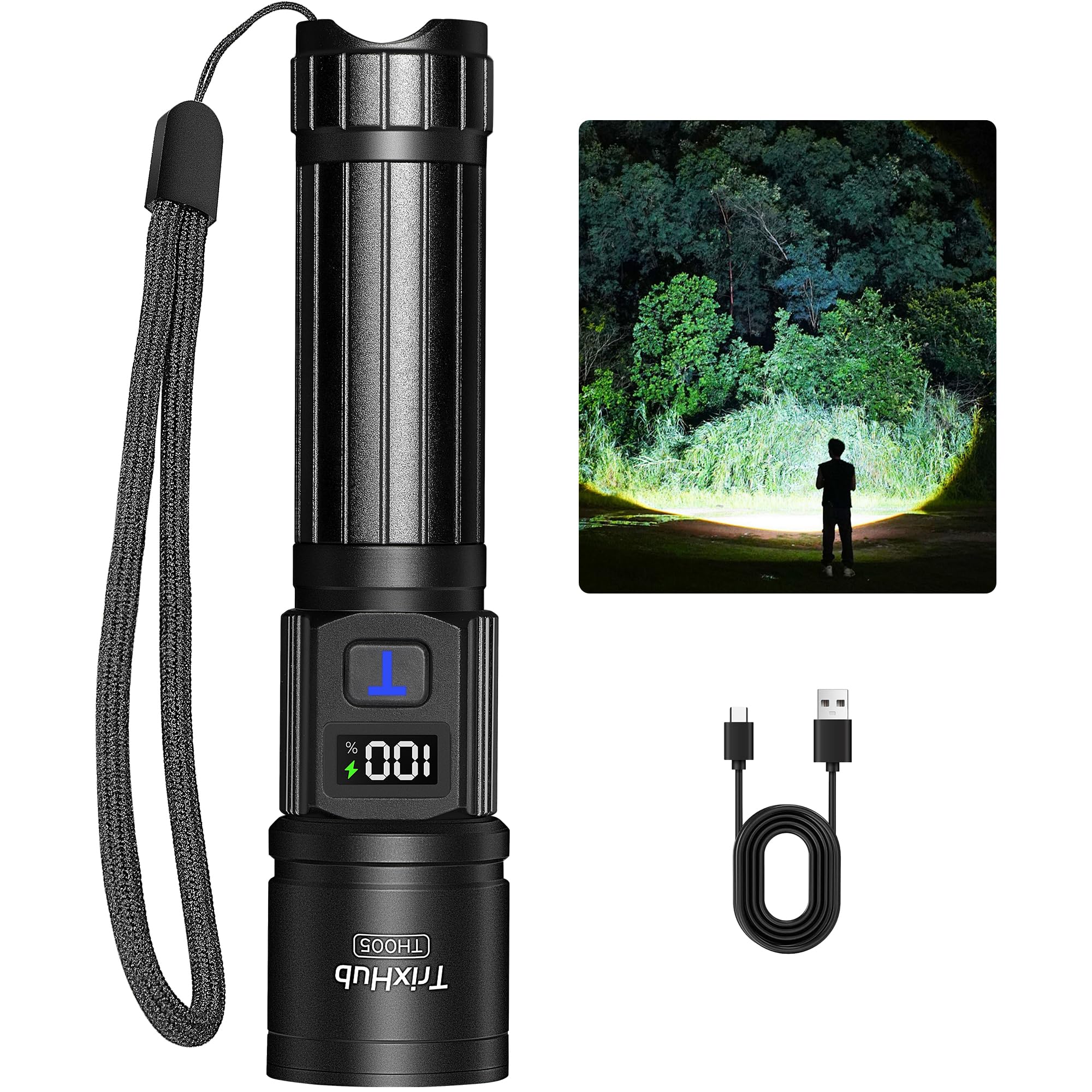 TrixHub rechargeable flashlight with LCD display shows battery level for planning
