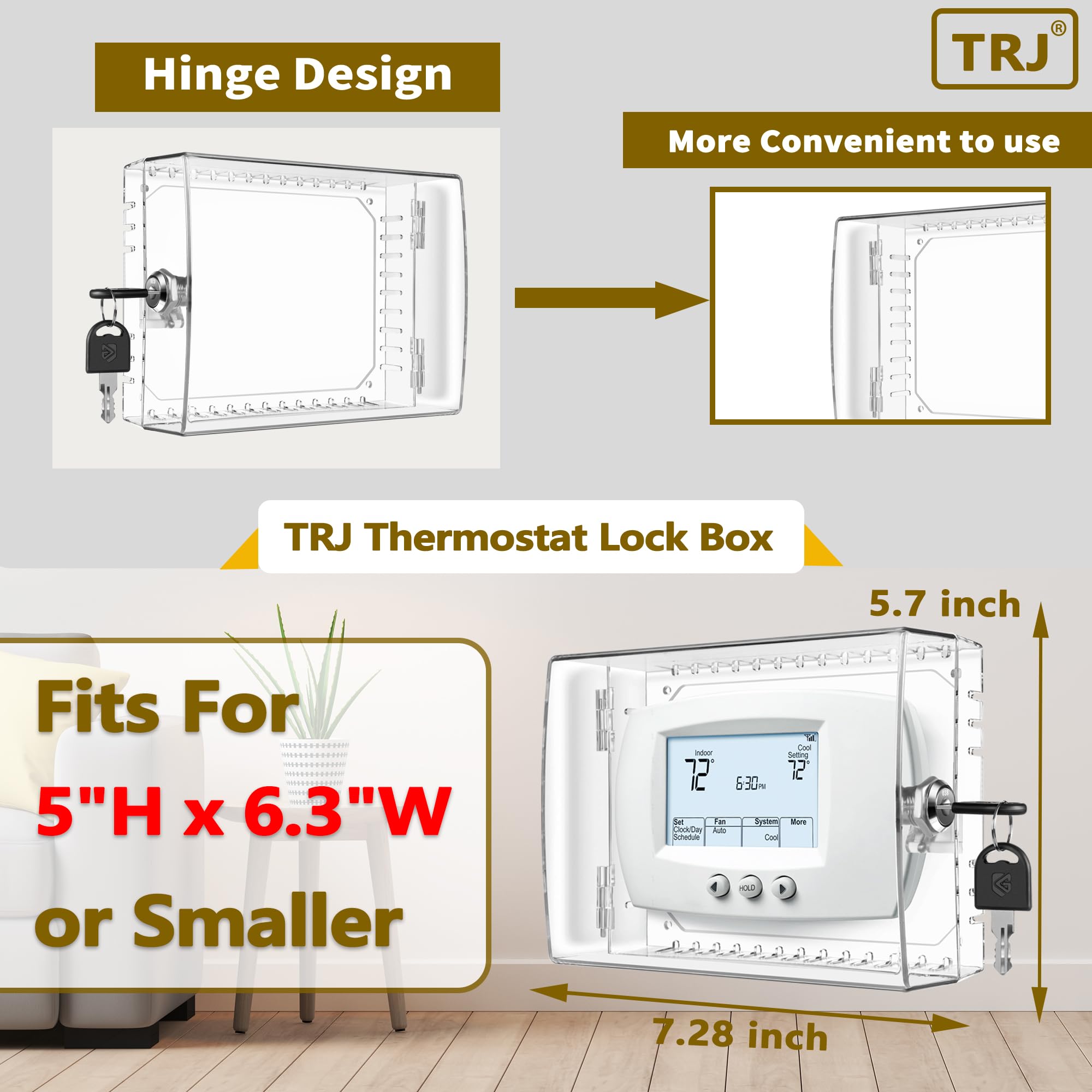 TRJ clear lockable thermostat cover keeps the display visible while preventing tampering.