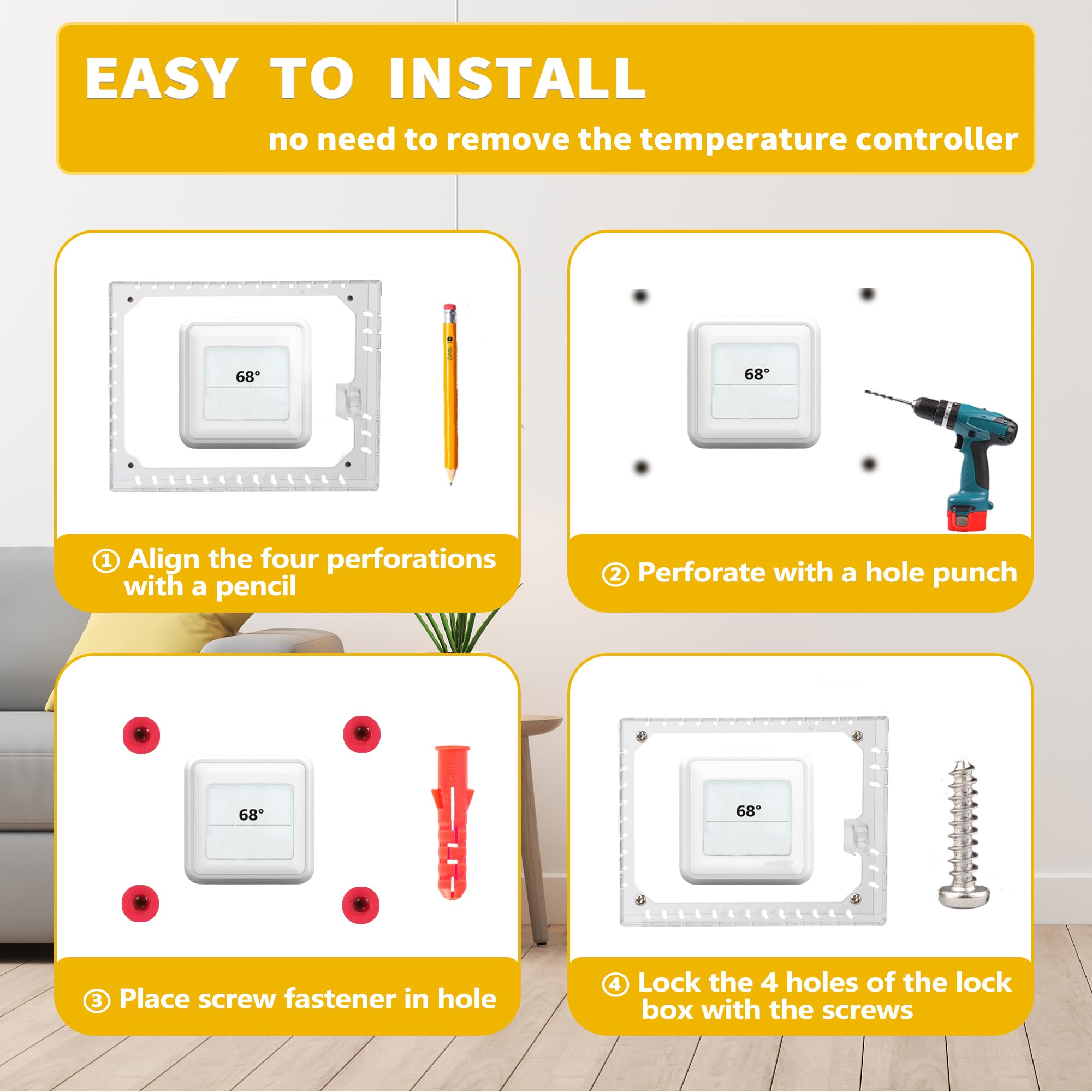 TRJ easy-install kit and hardware simplify setup without removing the thermostat.