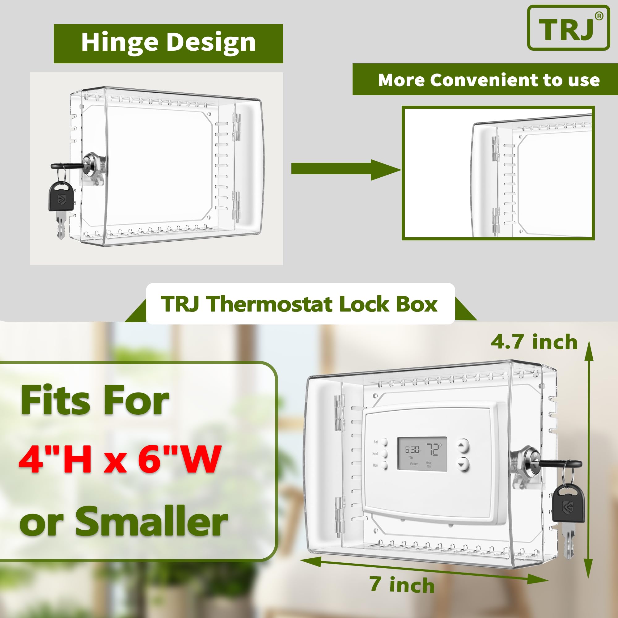 TRJ thermostat lock box clear PC material allows easy thermostat viewing.