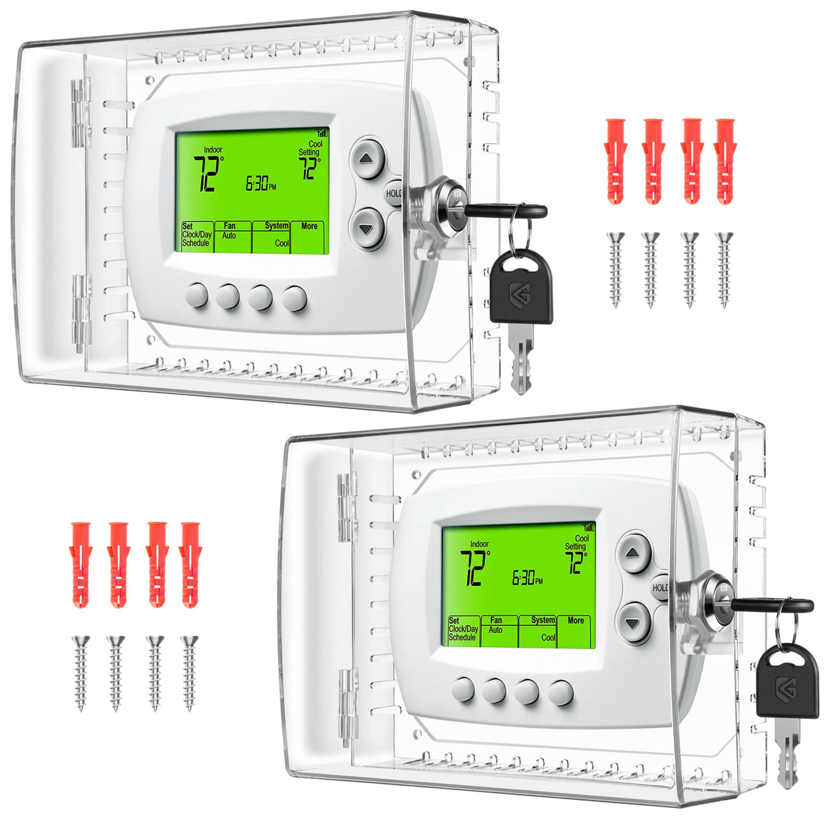 TRJ thermostat lock box front view for secure wall mounting in homes