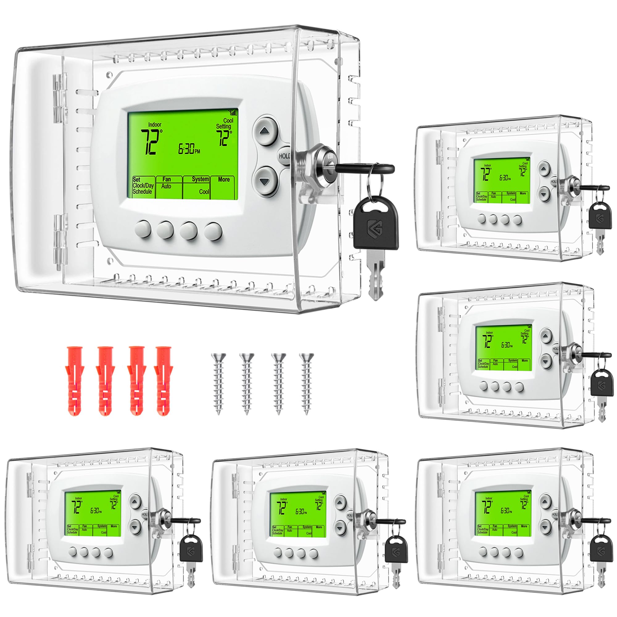 TRJ thermostat lock box with key for secure wall installation and controlled access.