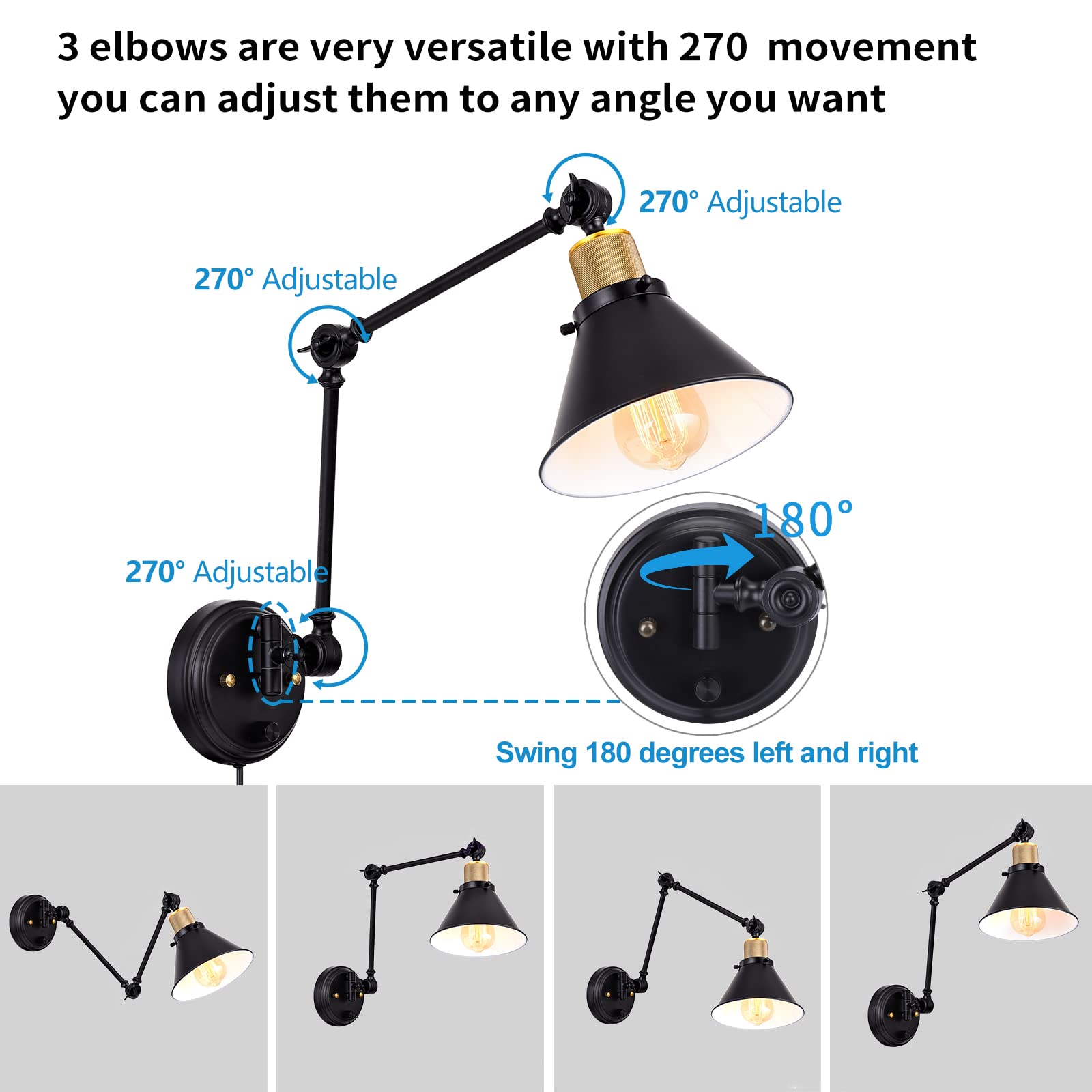TRLIFE swing-arm wall light provides left-right adjustment for focused task lighting