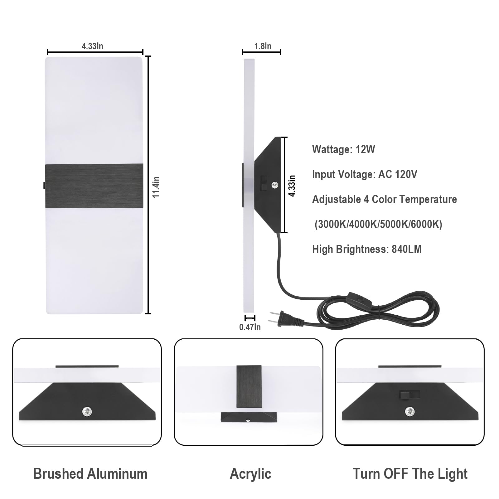 Plug-in cord with on/off switch detail on TRLIFE wall sconce