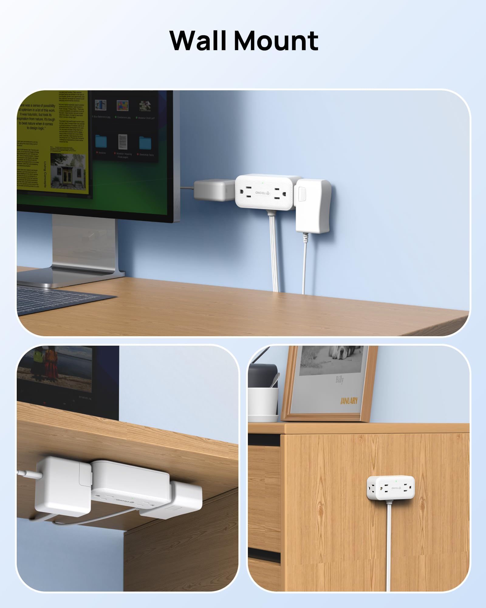 TROND 1625W capacity power strip handles multiple devices safely.