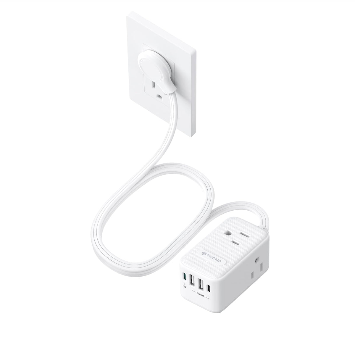 TROND 20W USB-C travel power strip with flat plug saves space behind a nightstand.