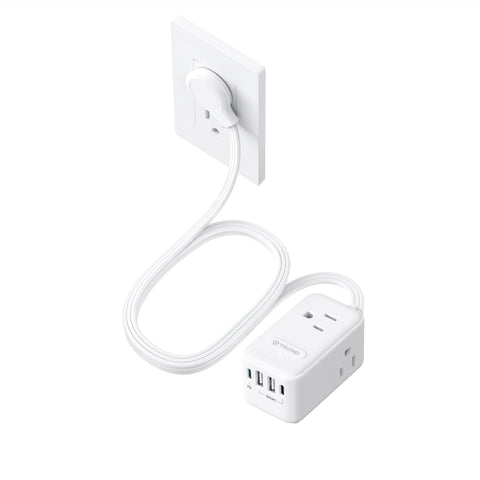 TROND 20W USB-C travel power strip with flat plug saves space behind a nightstand.