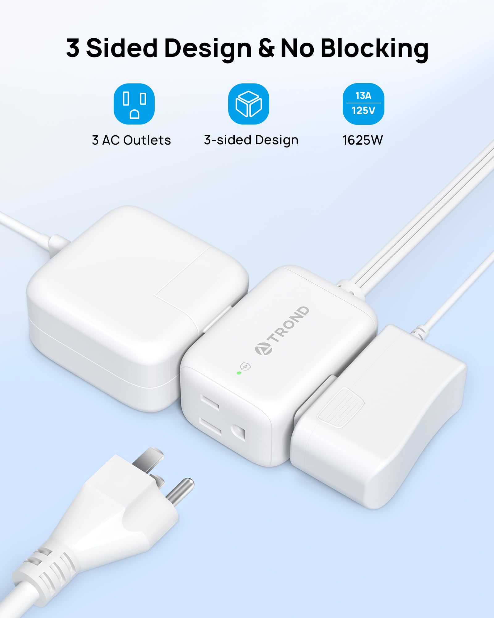 TROND three-sided grounded outlets allow simultaneous use of all sockets