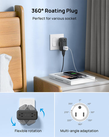 TROND 360-degree plug rotation enables space-saving placement in tight spaces.