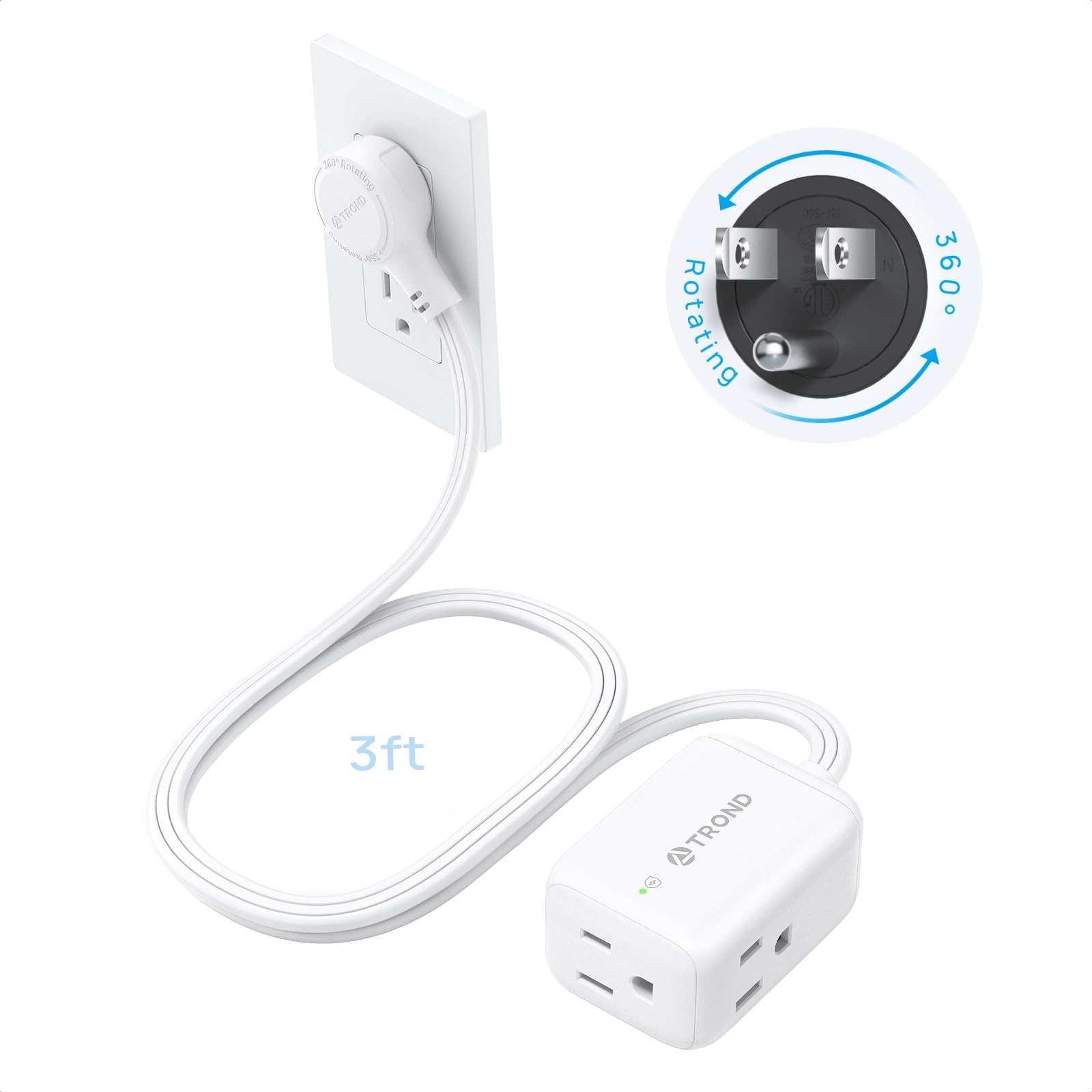TROND 360-degree rotating flat plug enables tight-wall placement and versatile outlet access.