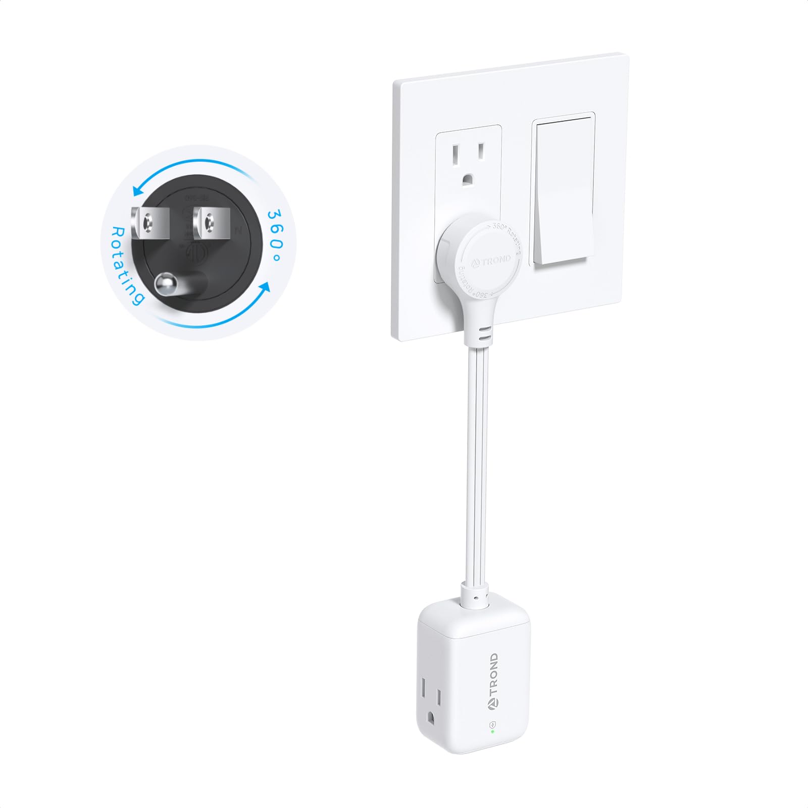 TROND 360° rotating flat plug behind a compact desk setup for easy access