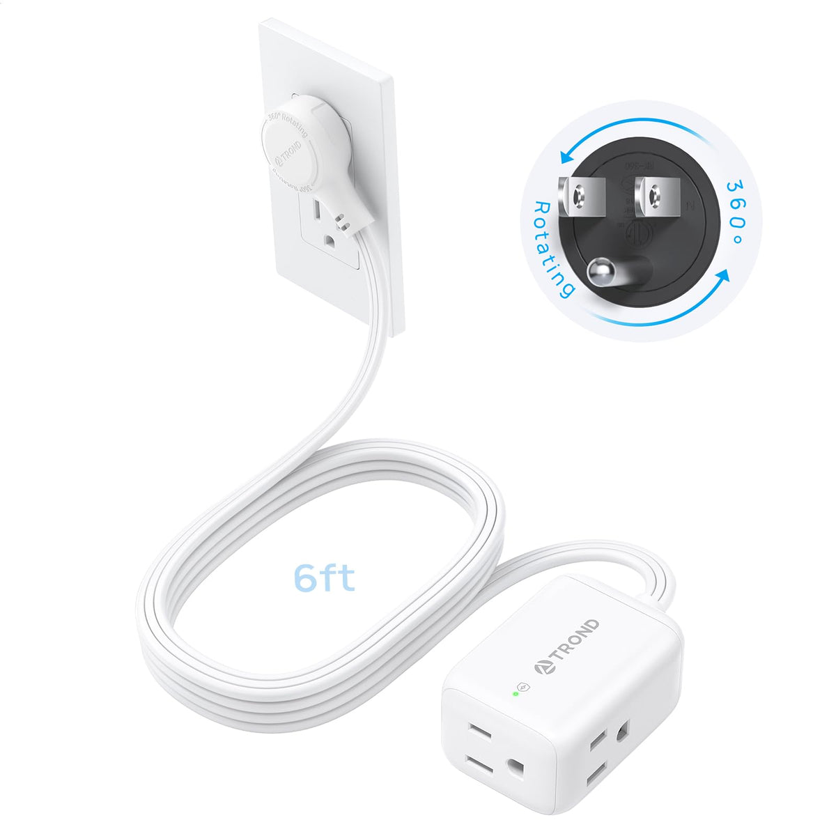 TROND 360° rotating flat plug enables tight-space outlet access and flexible placement