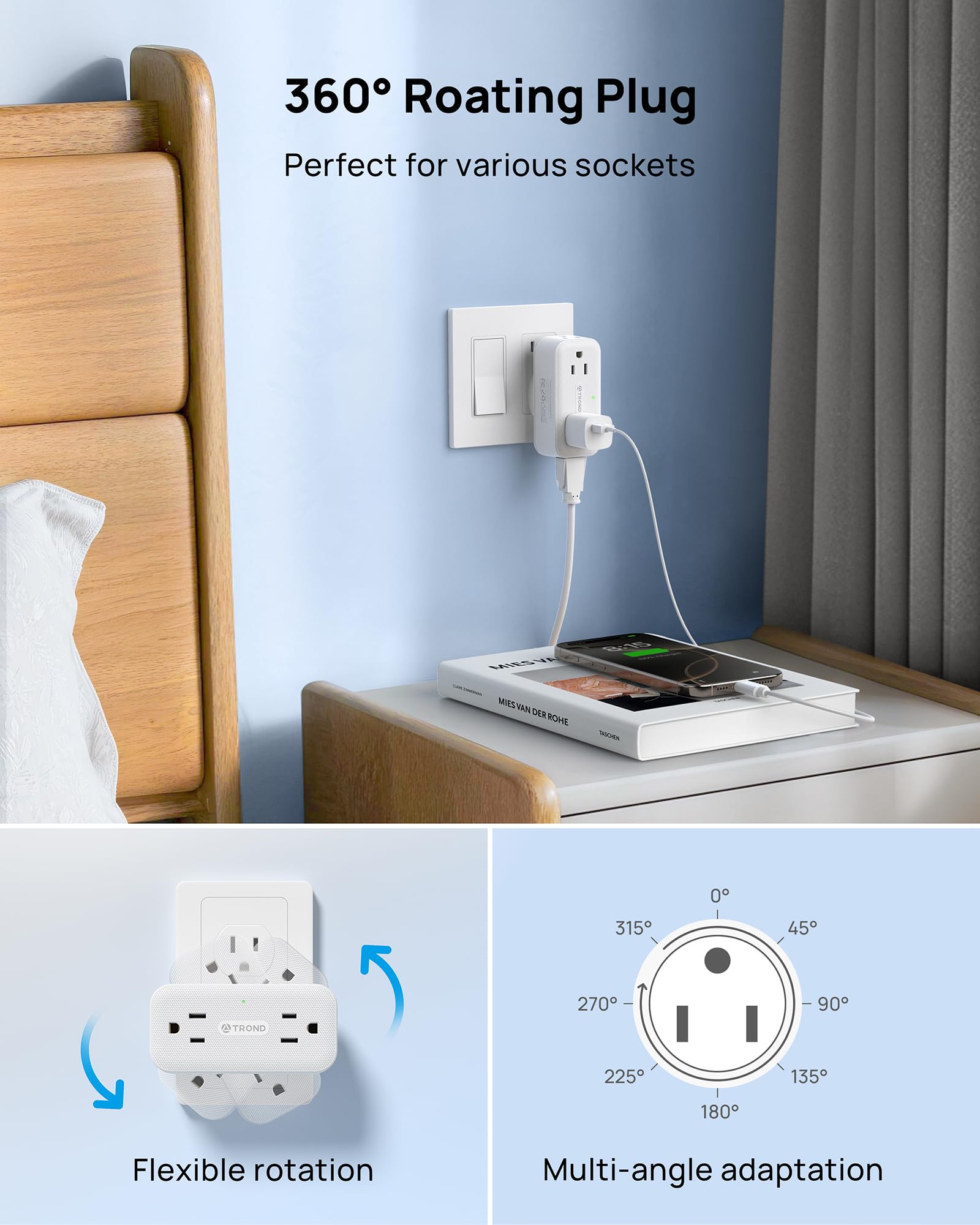 TROND 360 three-sided design shown saving space and fitting multiple devices.