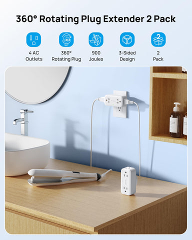 TROND 360 rotating plug angled to fit tight spaces in a dorm or apartment.