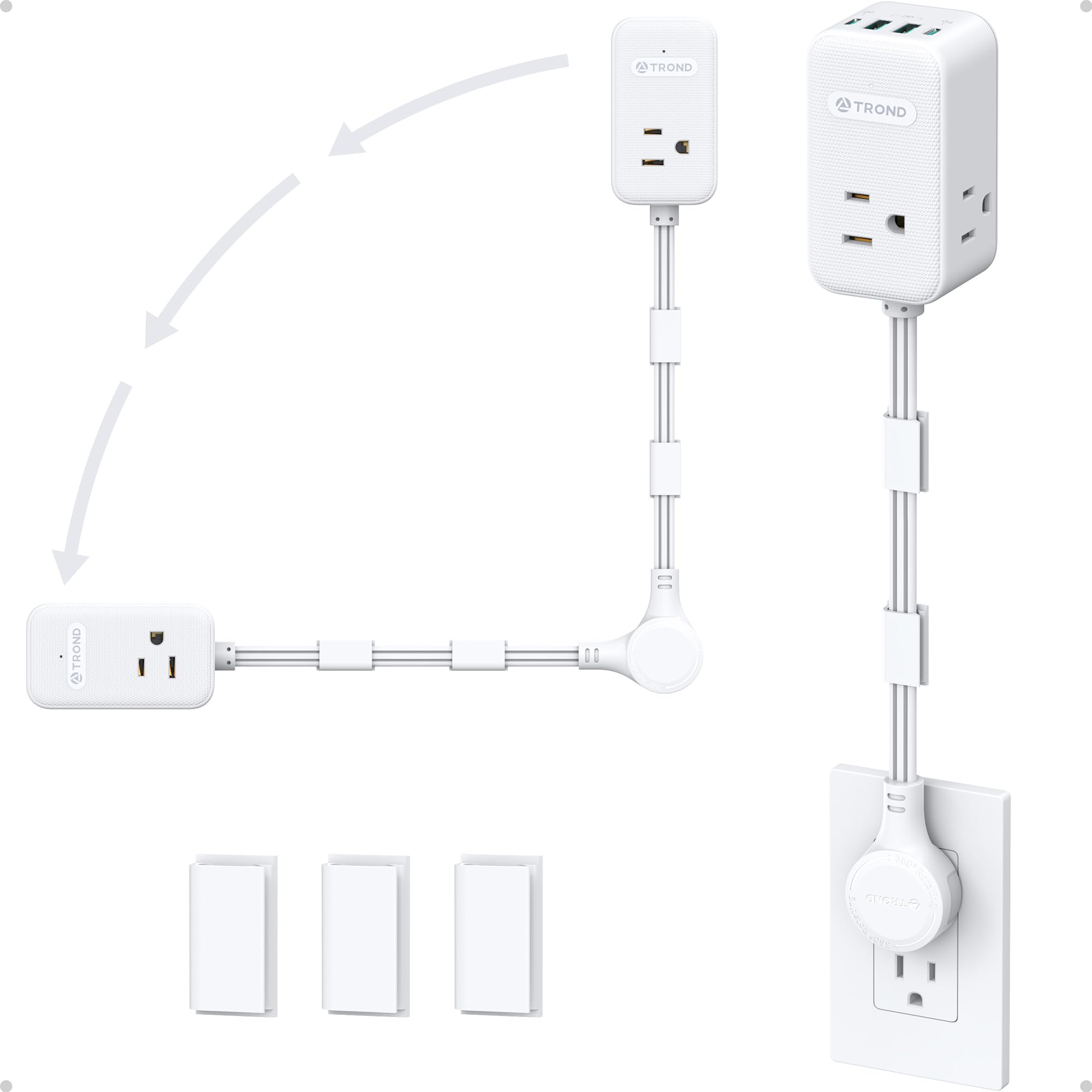 TROND 360° rotating outlet extender powers multiple devices behind furniture