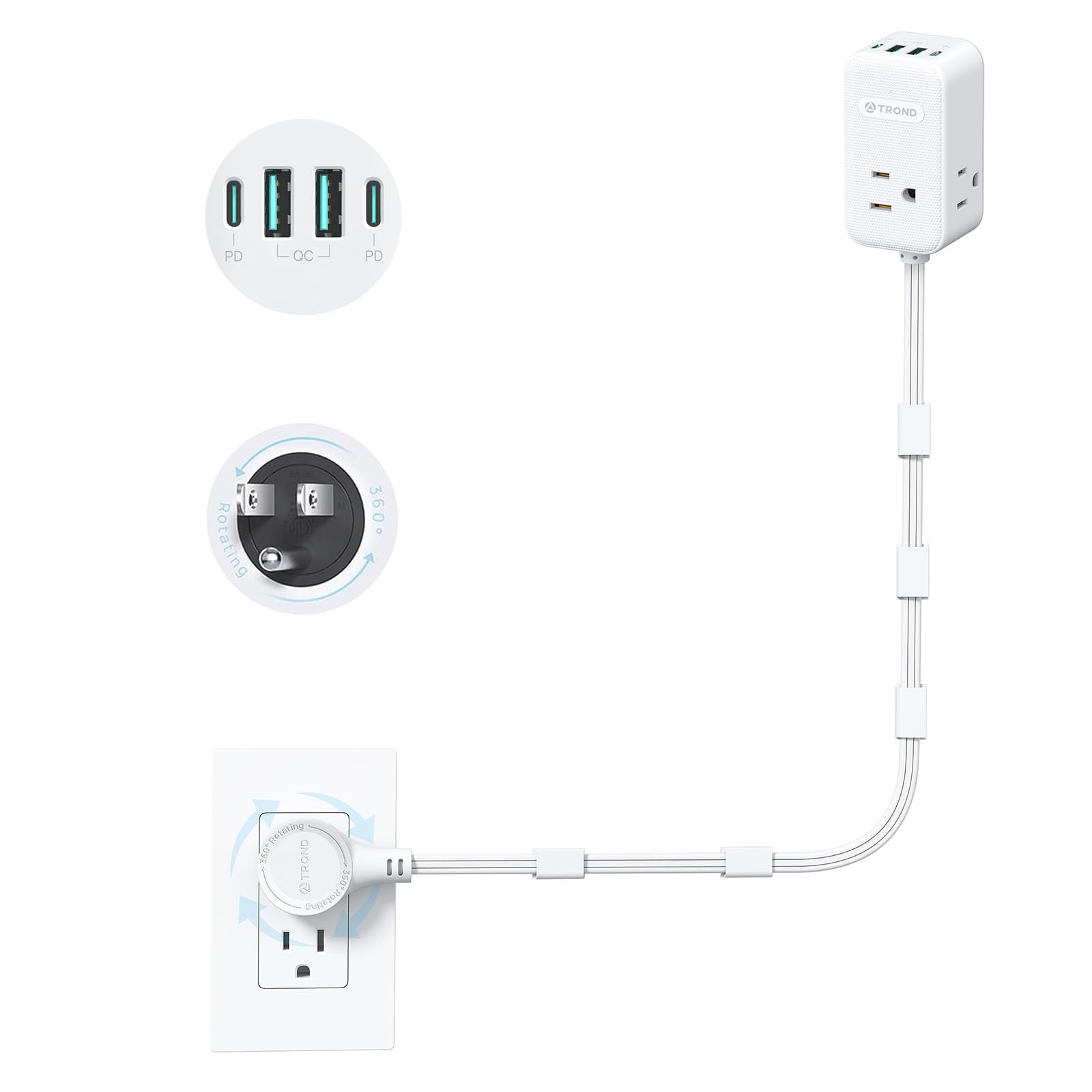 TROND 360° rotating plug enables easy access behind furniture.