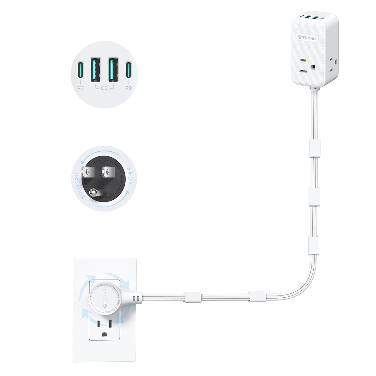 TROND 360° rotating plug enables easy access behind furniture.